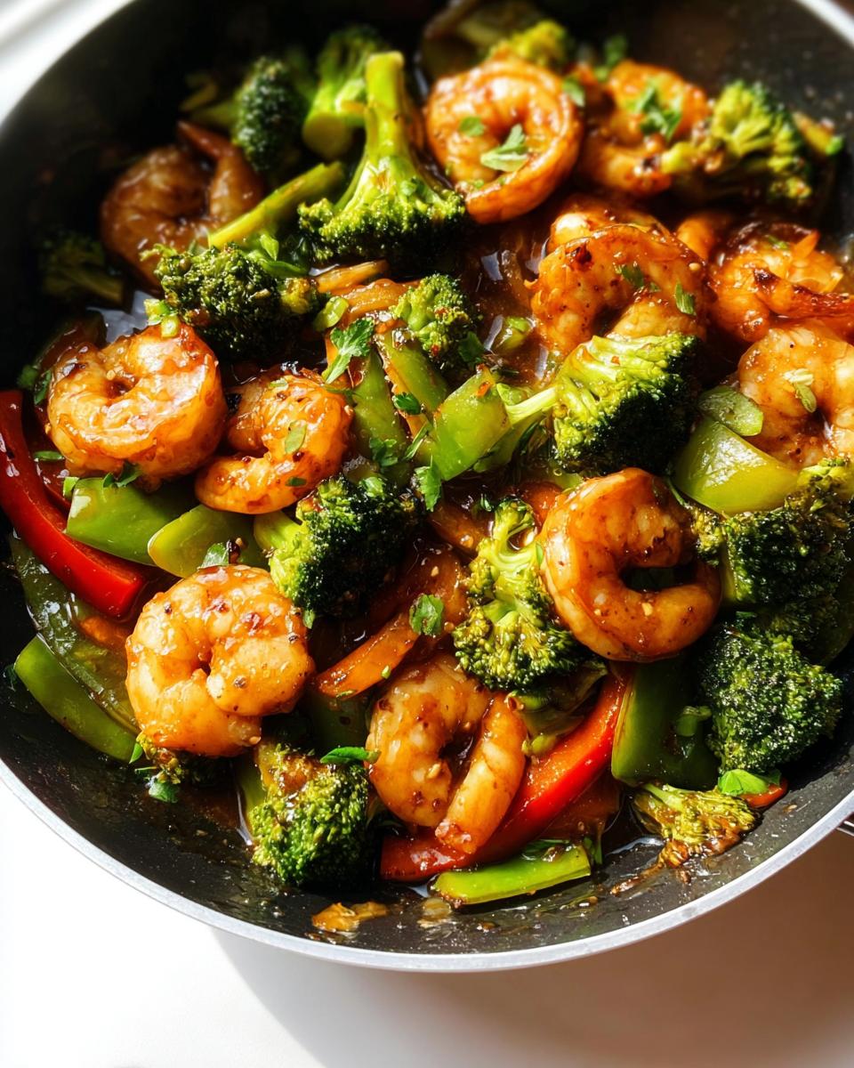 Close-up view of glossy Honey Garlic Shrimp Stir Fry with bright green broccoli and red peppers in a dark skillet.