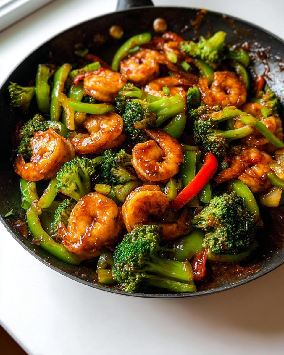Close-up of Honey Garlic Shrimp Stir Fry with vibrant green broccoli and peppers in a dark skillet.