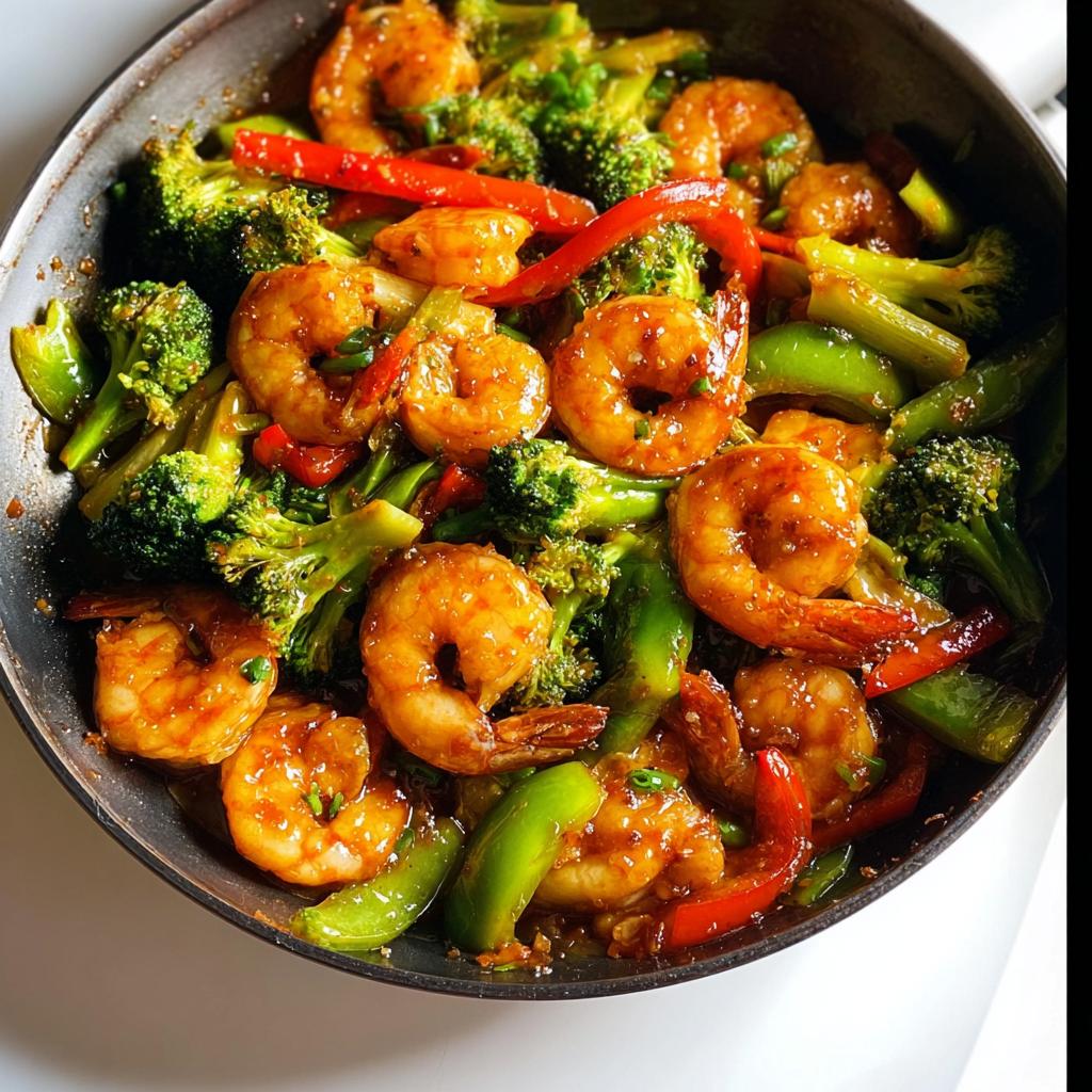 Close-up of glossy Honey Garlic Shrimp Stir Fry with broccoli and bell peppers in a dark skillet.