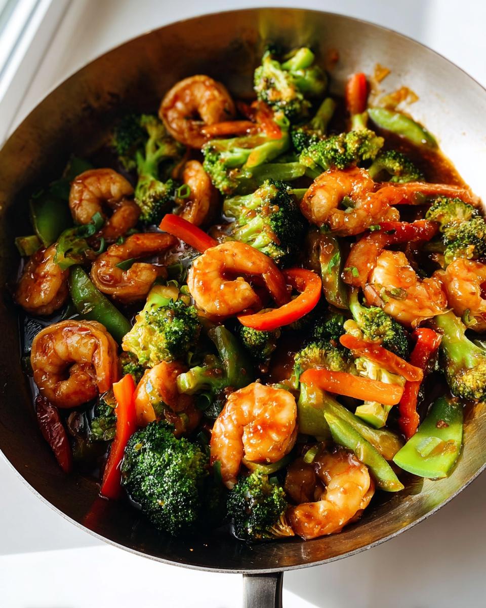 Close-up of Honey Garlic Shrimp Stir Fry with broccoli, red peppers, and snap peas coated in a savory sauce.