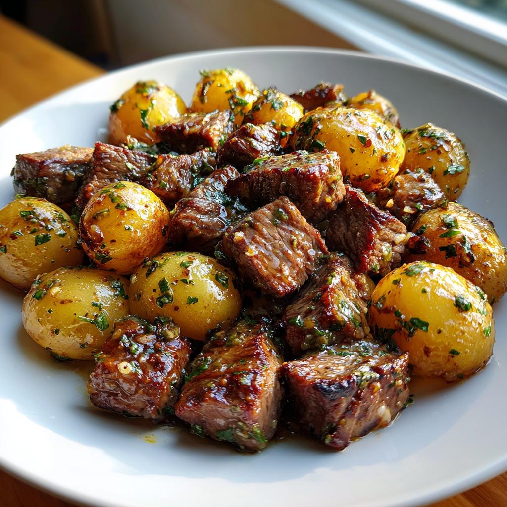 Close-up of Irresistible Garlic Butter Steak Bites mixed with small roasted potatoes, coated in garlic butter sauce and parsley.