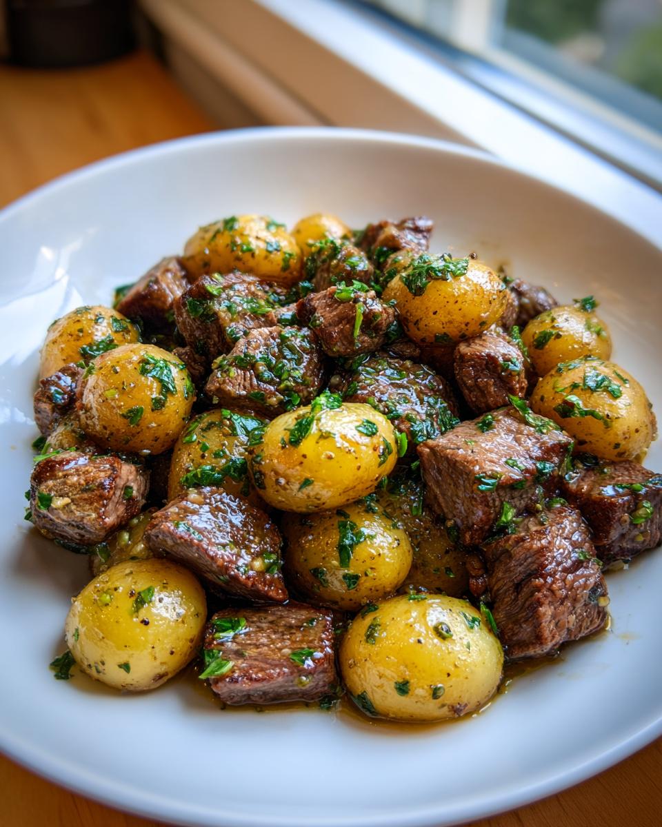 Close-up of Garlic Butter Steak Bites & Potatoes coated in a glossy sauce and fresh parsley.