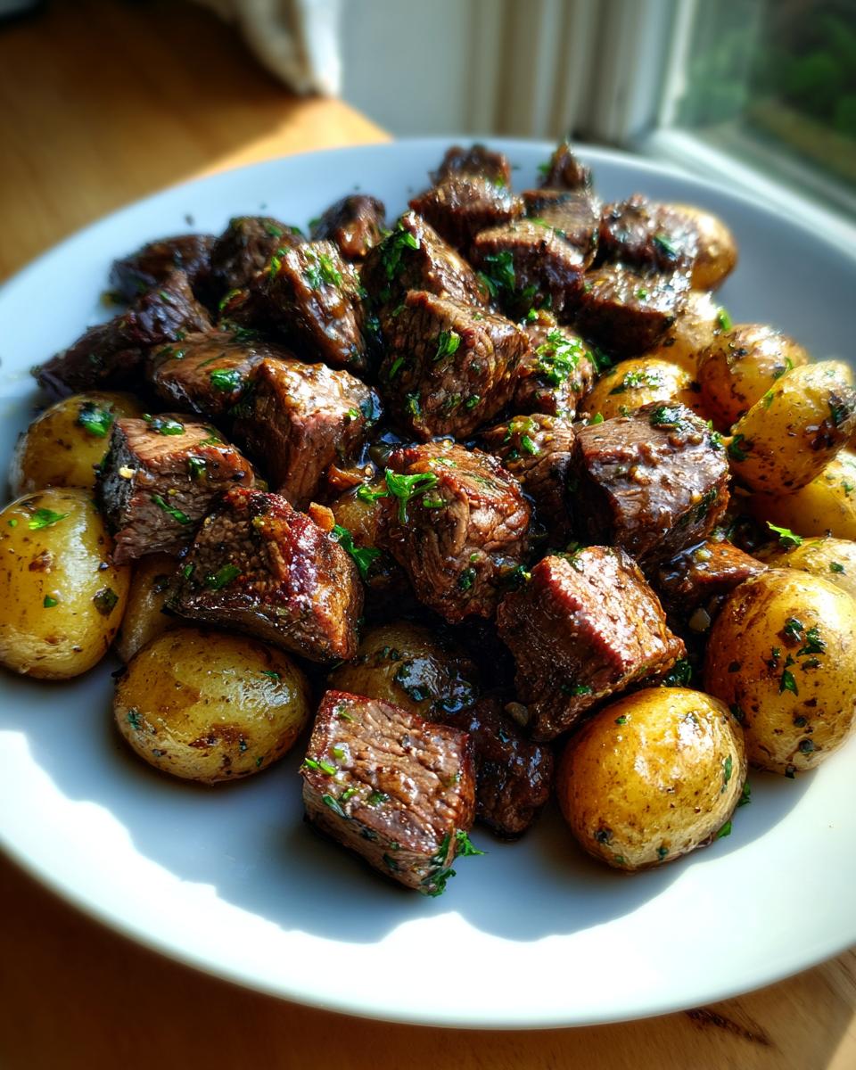 Close-up of Irresistible Garlic Butter Steak Bites mixed with small roasted potatoes, garnished with parsley.