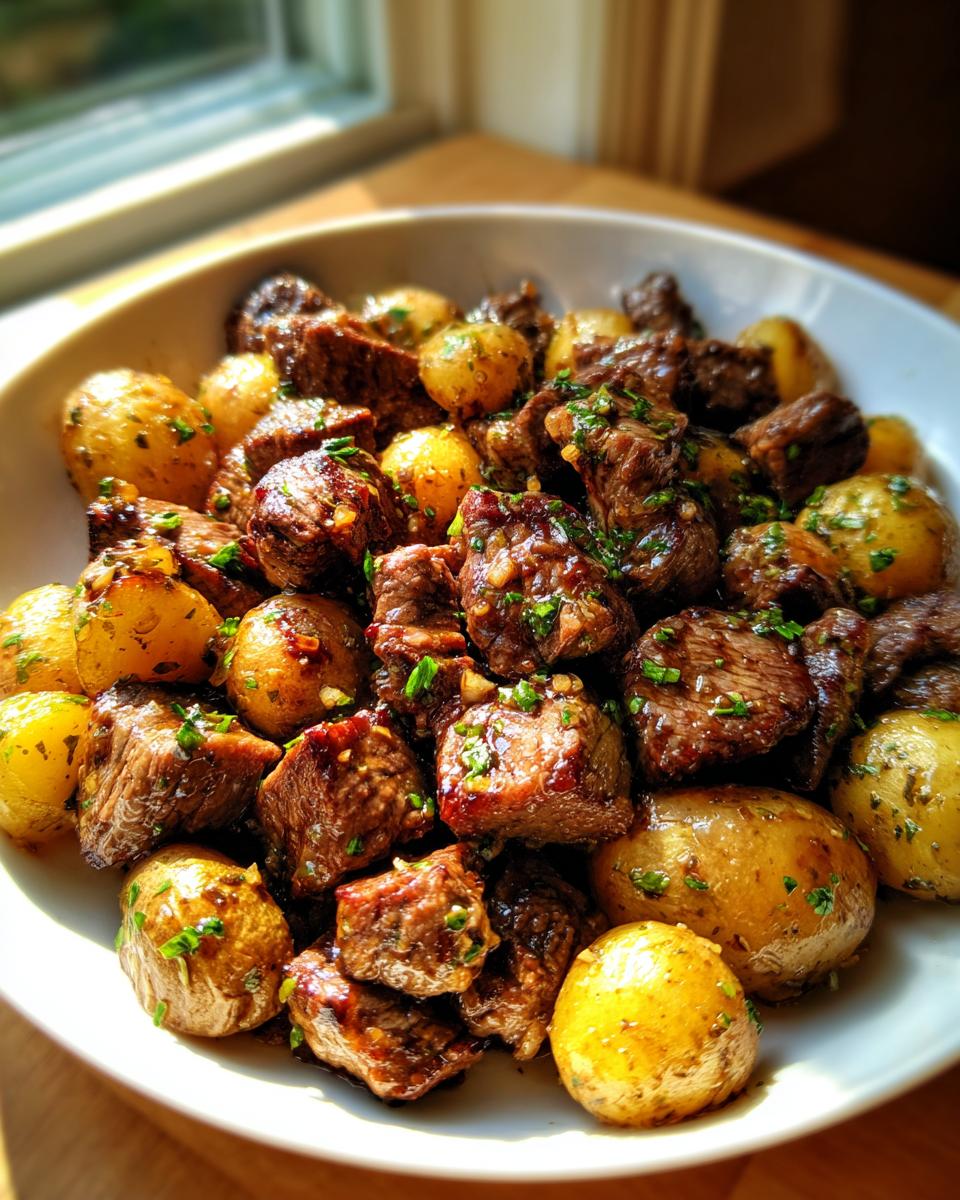 A white bowl filled with Irresistible Garlic Butter Steak Bites mixed with small roasted potatoes, garnished with herbs.