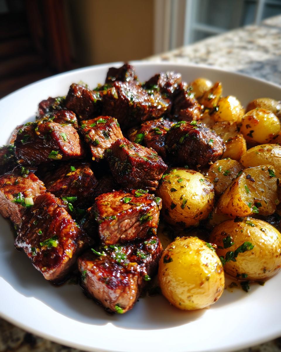 Close-up of Irresistible Garlic Butter Steak Bites & Potatoes glistening with sauce and herbs.