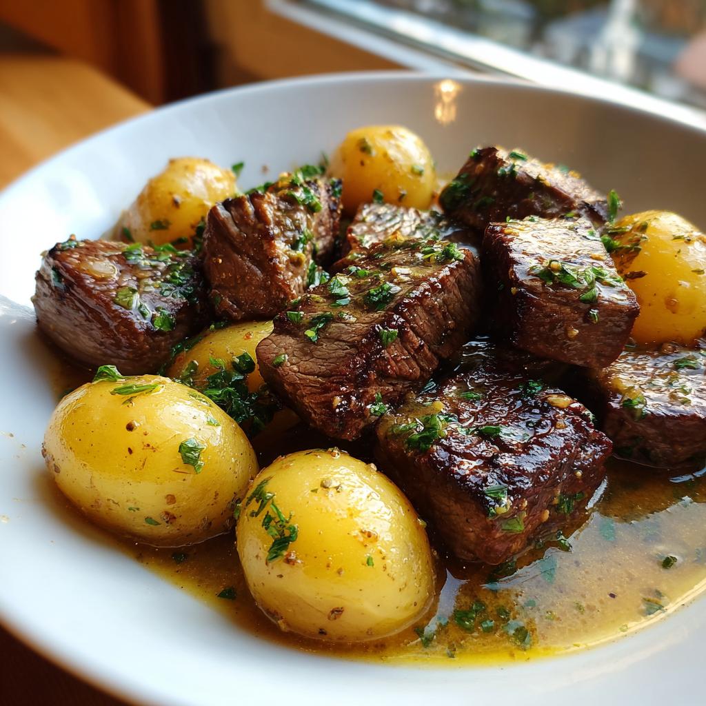 Close-up of juicy steak bites and small yellow potatoes coated in garlic butter sauce and fresh parsley.