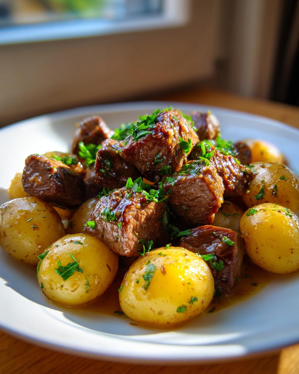 Close-up of glistening Garlic Butter Steak Bites & Potatoes garnished with fresh parsley.