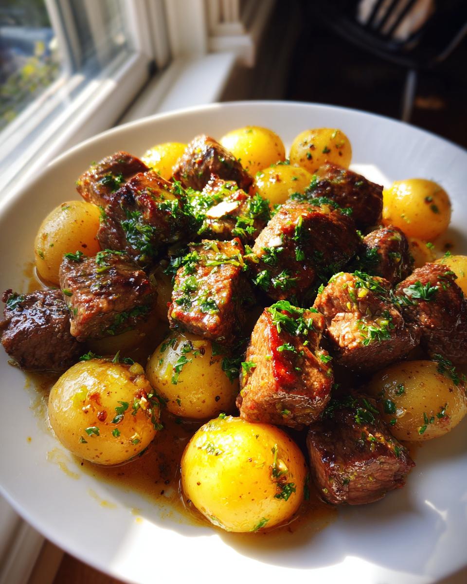 Close-up of Irresistible Garlic Butter Steak Bites & Potatoes coated in garlic butter sauce and fresh parsley.