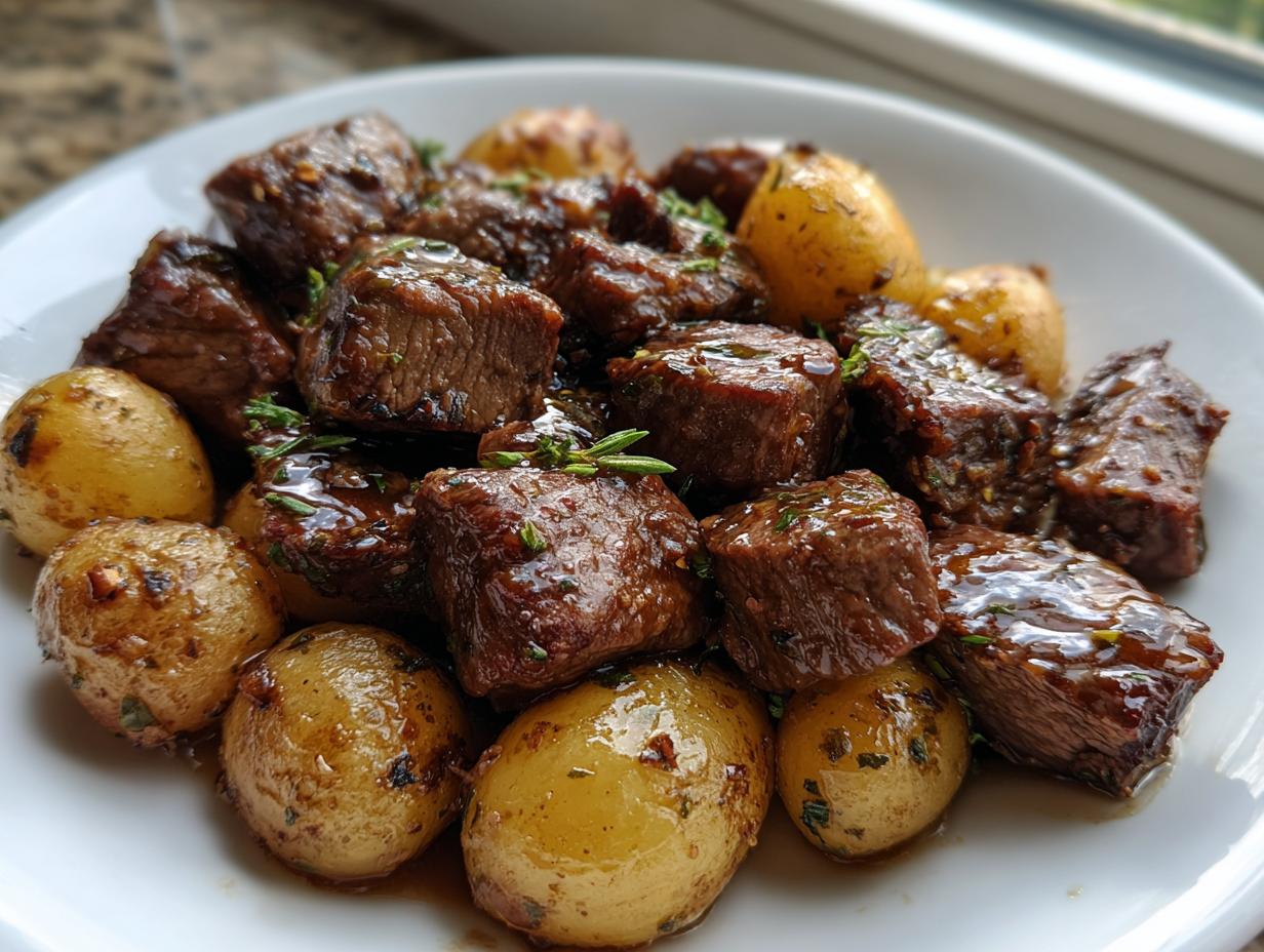 Close-up of Irresistible Garlic Butter Steak Bites mixed with small roasted potatoes, glistening with sauce and herbs.