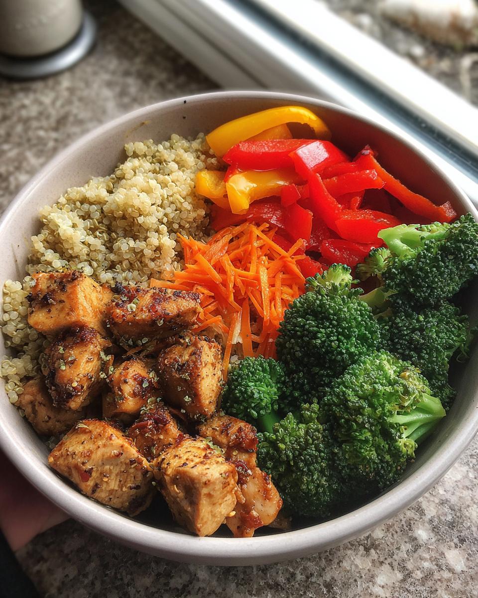 A close-up of a January High-Protein Meal Prep Bowl featuring seasoned chicken, quinoa, broccoli, shredded carrots, and bell peppers.