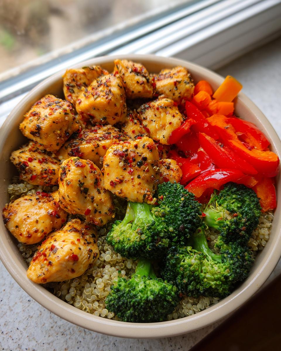 Close-up of a January High-Protein Meal Prep Bowl featuring seasoned chicken, quinoa, broccoli, and bell peppers.