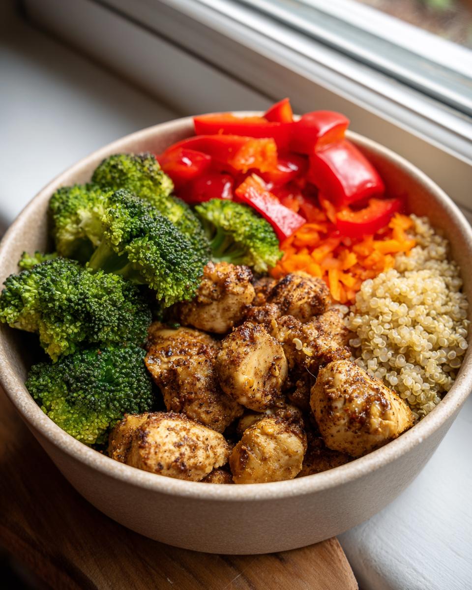 A close-up of a January High-Protein Meal Prep Bowl featuring seasoned chicken, broccoli, red peppers, carrots, and quinoa.