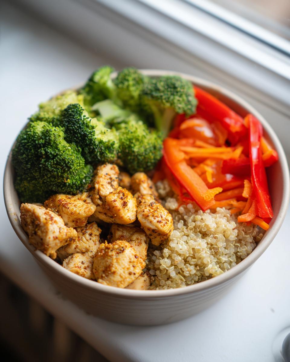 Close-up of a January High-Protein Meal Prep Bowl featuring seasoned chicken, quinoa, broccoli, and red peppers.