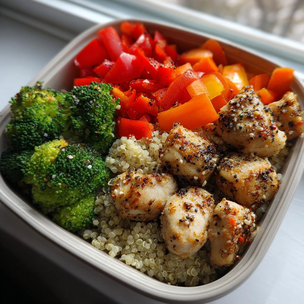 A close-up of one of the January High-Protein Meal Prep Bowls featuring seasoned chicken, quinoa, broccoli, and chopped peppers.