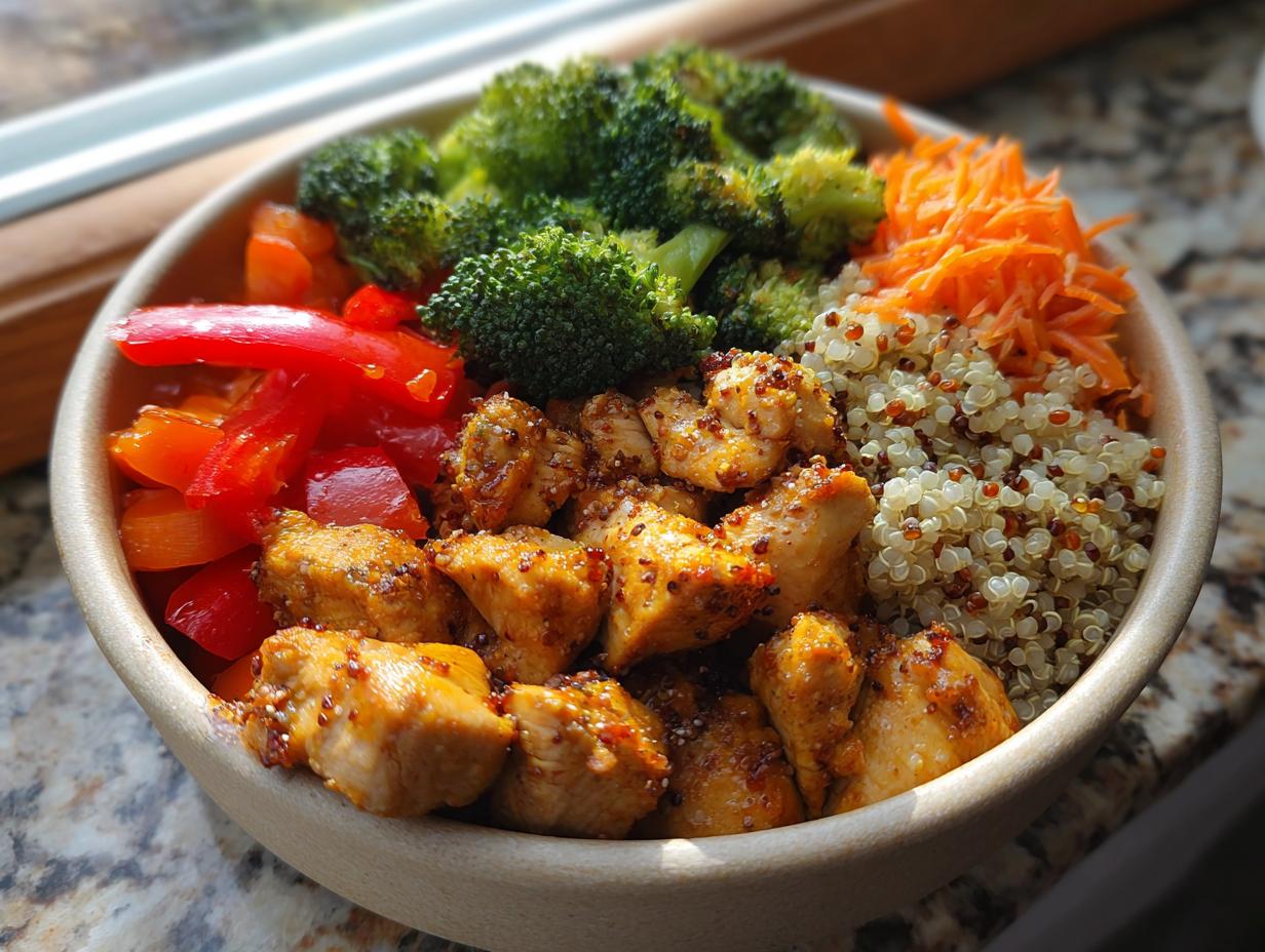 Close-up of a January High-Protein Meal Prep Bowl featuring seasoned chicken, quinoa, broccoli, red peppers, and shredded carrots.