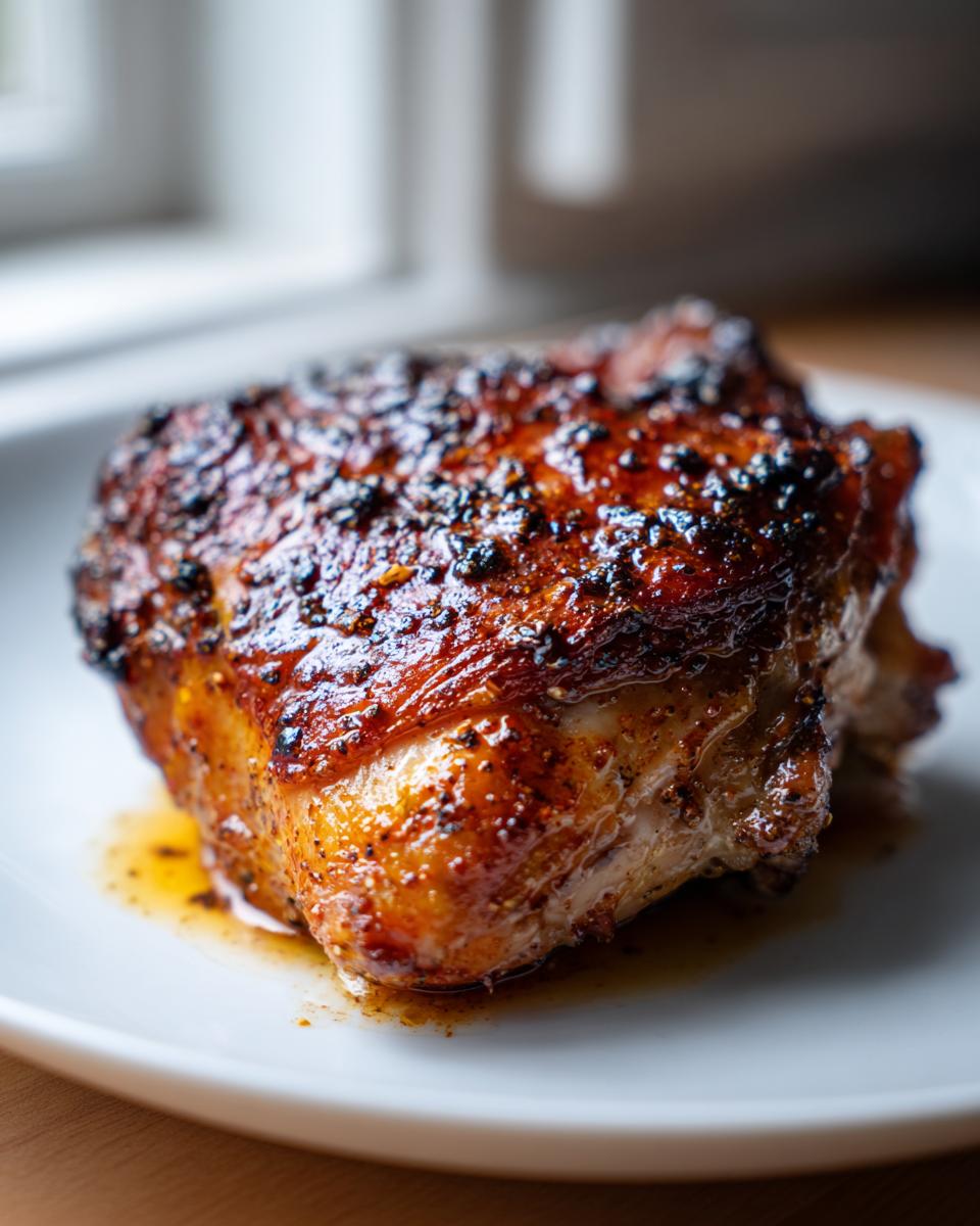 Close-up of a perfectly cooked, juicy chicken thigh with crispy, dark brown, seasoned skin resting on a white plate.