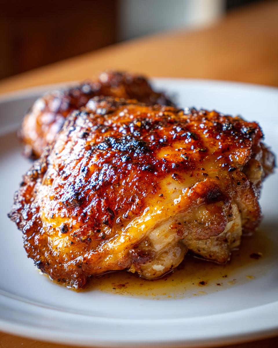Close-up of a perfectly cooked, juicy chicken thigh with crispy, caramelized skin resting on a white plate.