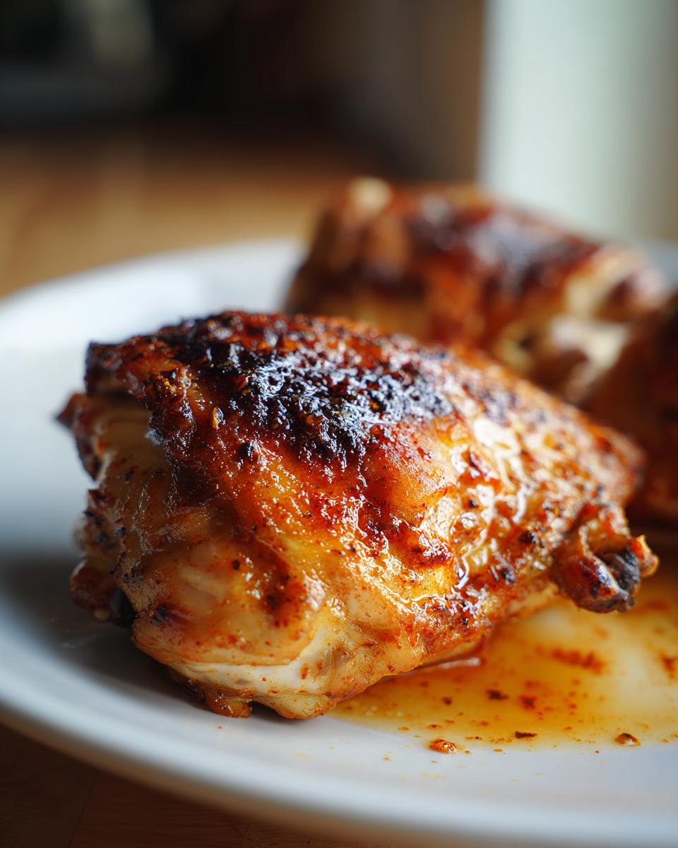 Close-up of a perfectly cooked, juicy chicken thigh recipe with beautifully browned and slightly charred skin.