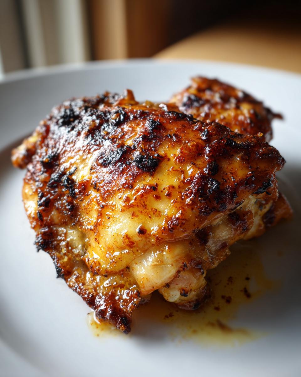 Close-up of two perfectly cooked, juicy chicken thigh recipes with deeply caramelized, crispy, seasoned skin.