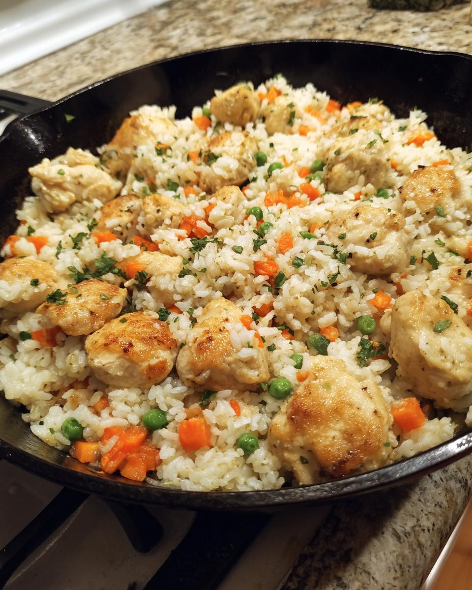 Skillet of chicken and vegetable fried rice, an example of Easy Weeknight Dinners That Even the Kids Will Eat.