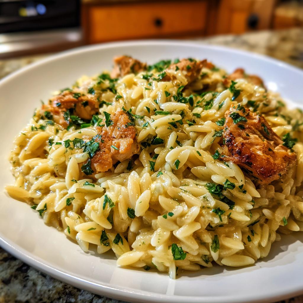A close-up of a creamy Lemon Herb Chicken Orzo Skillet topped with golden chicken pieces and fresh parsley.