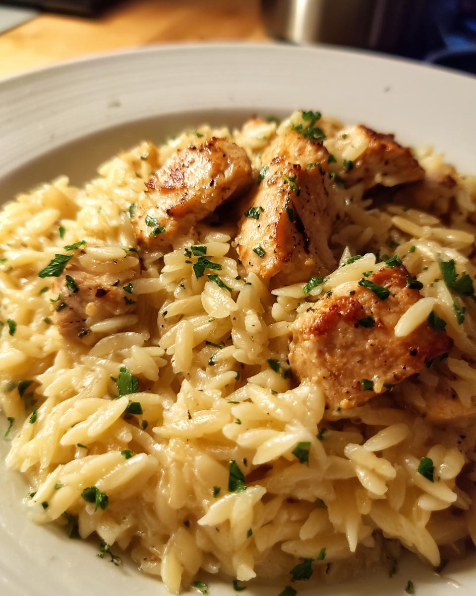 A close-up view of a creamy Lemon Herb Chicken Orzo Skillet topped with seared chicken pieces and fresh parsley.