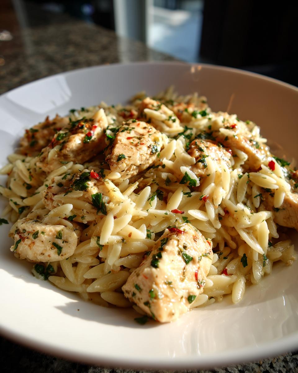 Close-up of Lemon Herb Chicken Orzo Skillet served in a white bowl, topped with herbs.
