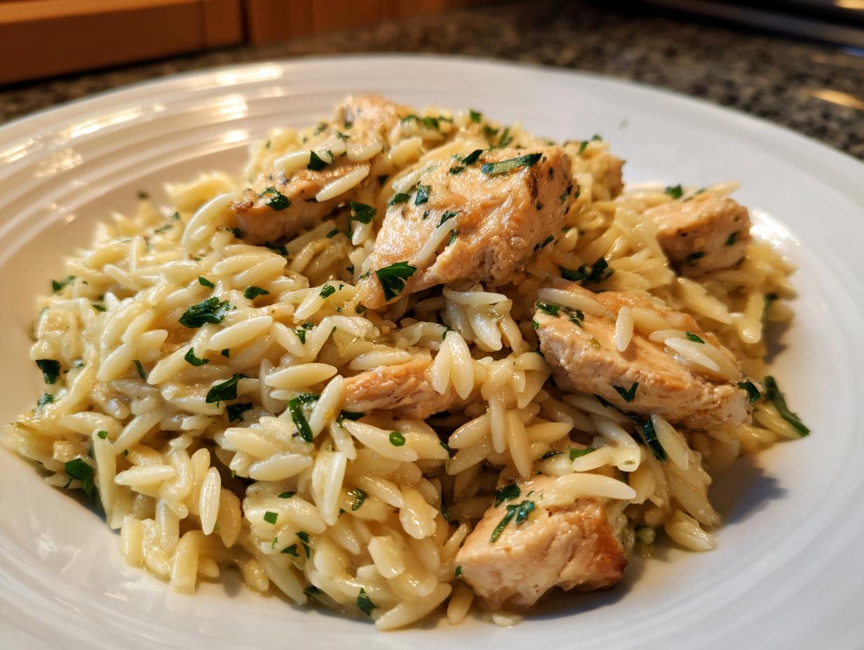 Close-up of Lemon Herb Chicken Orzo Skillet, featuring tender chicken pieces mixed with orzo pasta and fresh parsley.