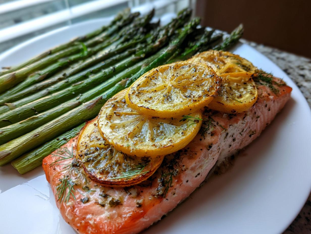 A baked salmon fillet topped with lemon slices and herbs, served alongside roasted asparagus, perfect for Clean-Eating Reset Recipes.