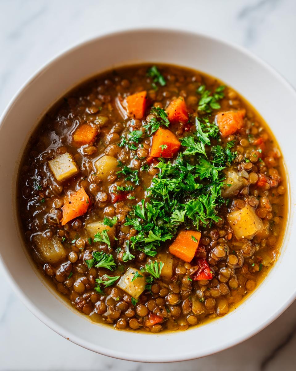 Close-up of a bowl of rich, savory lentil soup with carrots and potatoes, perfect for Healthy Cozy January Dinners.