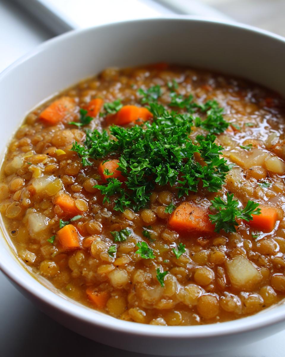 Close-up of a bowl of thick, hearty lentil soup with visible carrots and topped with fresh parsley, perfect for Healthy Cozy January Dinners.
