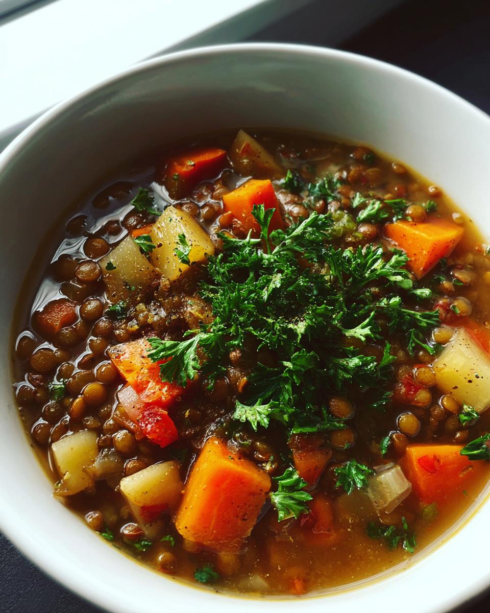 Close-up of a bowl of hearty lentil soup with carrots, potatoes, and fresh parsley, perfect for Healthy Cozy January Dinners.