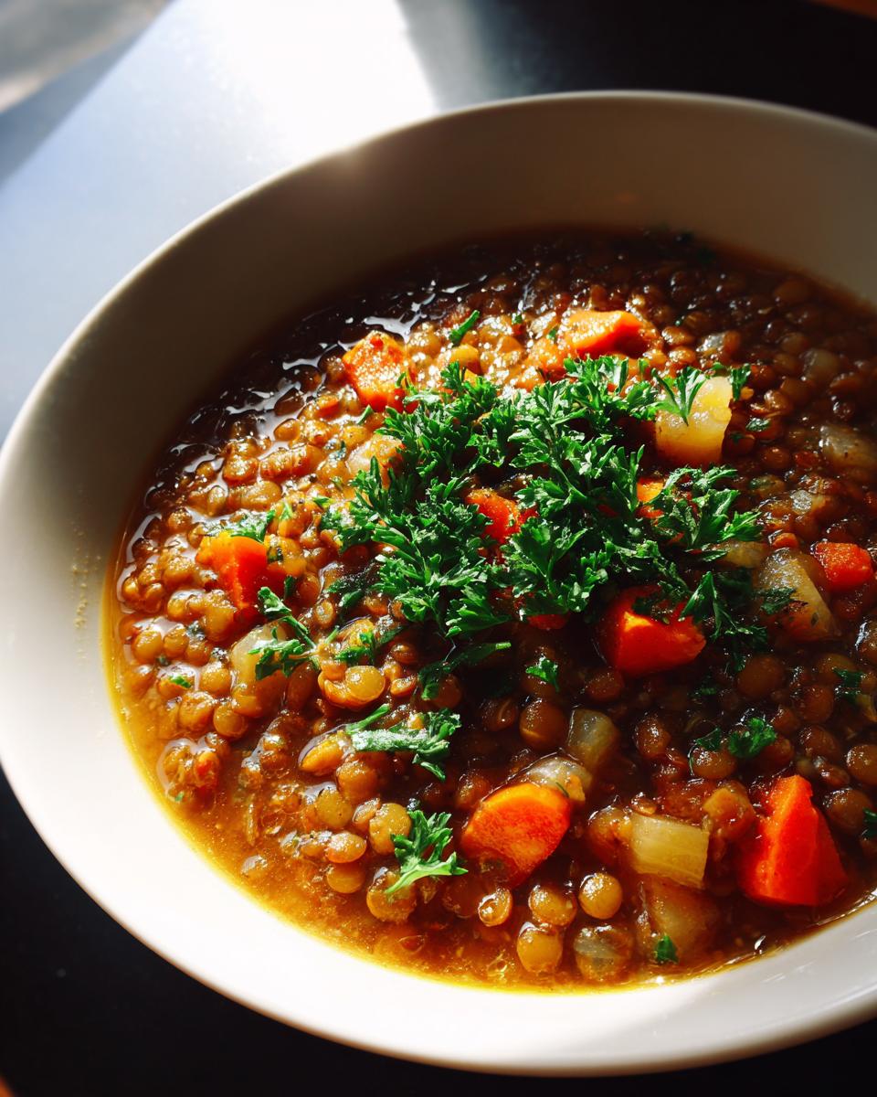 Close-up of a warm bowl of lentil soup with carrots and parsley, perfect for Healthy January Dinners.