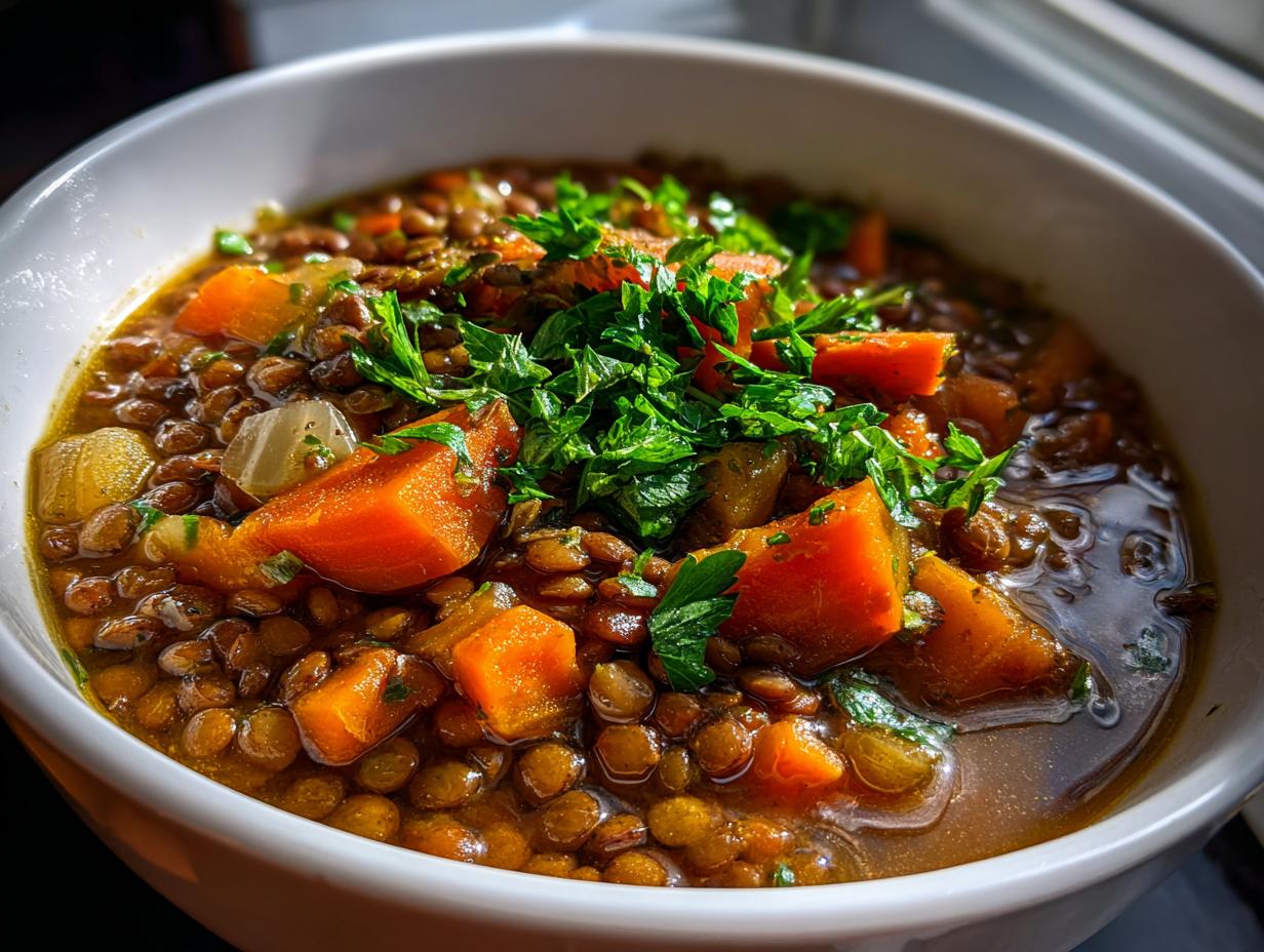 Close-up of a hearty bowl of lentil stew with large chunks of bright orange carrots, perfect for Healthy Cozy January Dinners.