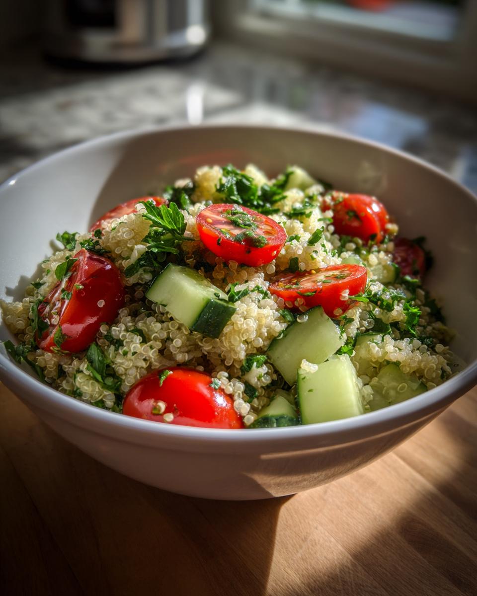 Close-up of a white bowl filled with Light & Fresh Quinoa Salad featuring cherry tomatoes and cucumber chunks.