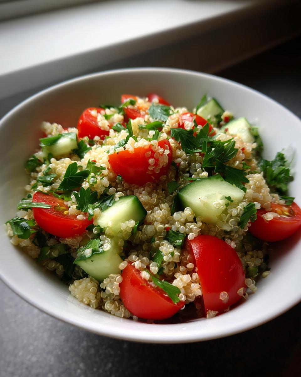 Close-up of a vibrant Light & Fresh Quinoa Salad mixed with cherry tomatoes, cucumber chunks, and fresh parsley in a white bowl.
