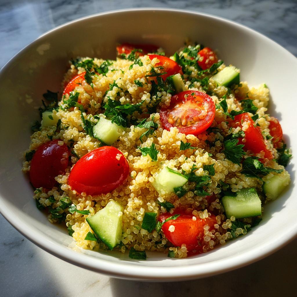 A vibrant bowl of Light & Fresh Quinoa Salad mixed with halved cherry tomatoes, diced cucumber, and fresh parsley.