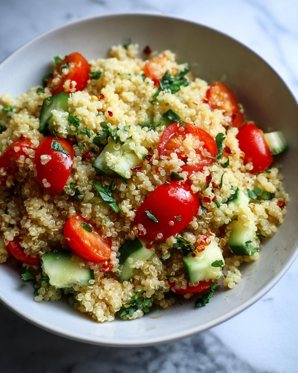 A close-up shot of a bowl filled with Light & Fresh Quinoa Salad mixed with cherry tomatoes and cucumber chunks.