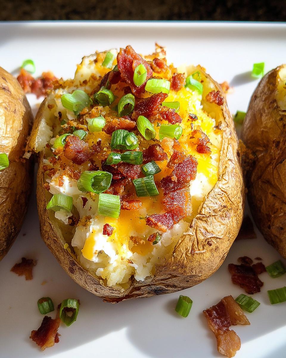 Close-up of a perfectly baked potato split open, filled with cheese, bacon bits, and green onions, ready for Loaded Baked Potatoes night.