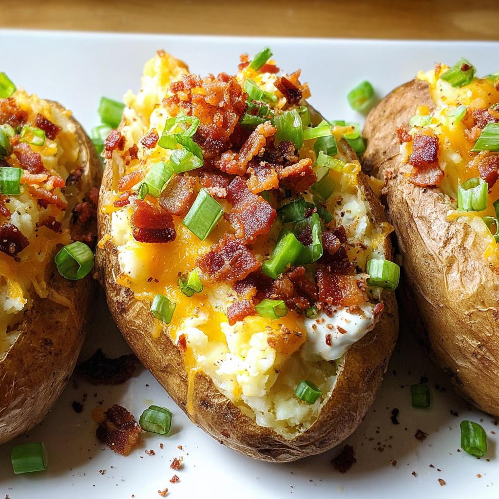 Three perfectly prepared Loaded Baked Potatoes topped generously with melted cheddar cheese, crispy bacon bits, and fresh green onions.