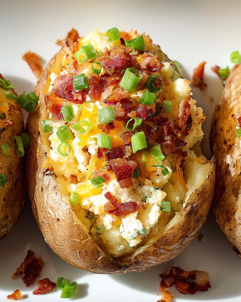 A close-up of one of the amazing Loaded Baked Potatoes, stuffed with creamy filling, cheddar cheese, bacon bits, and fresh green onions.