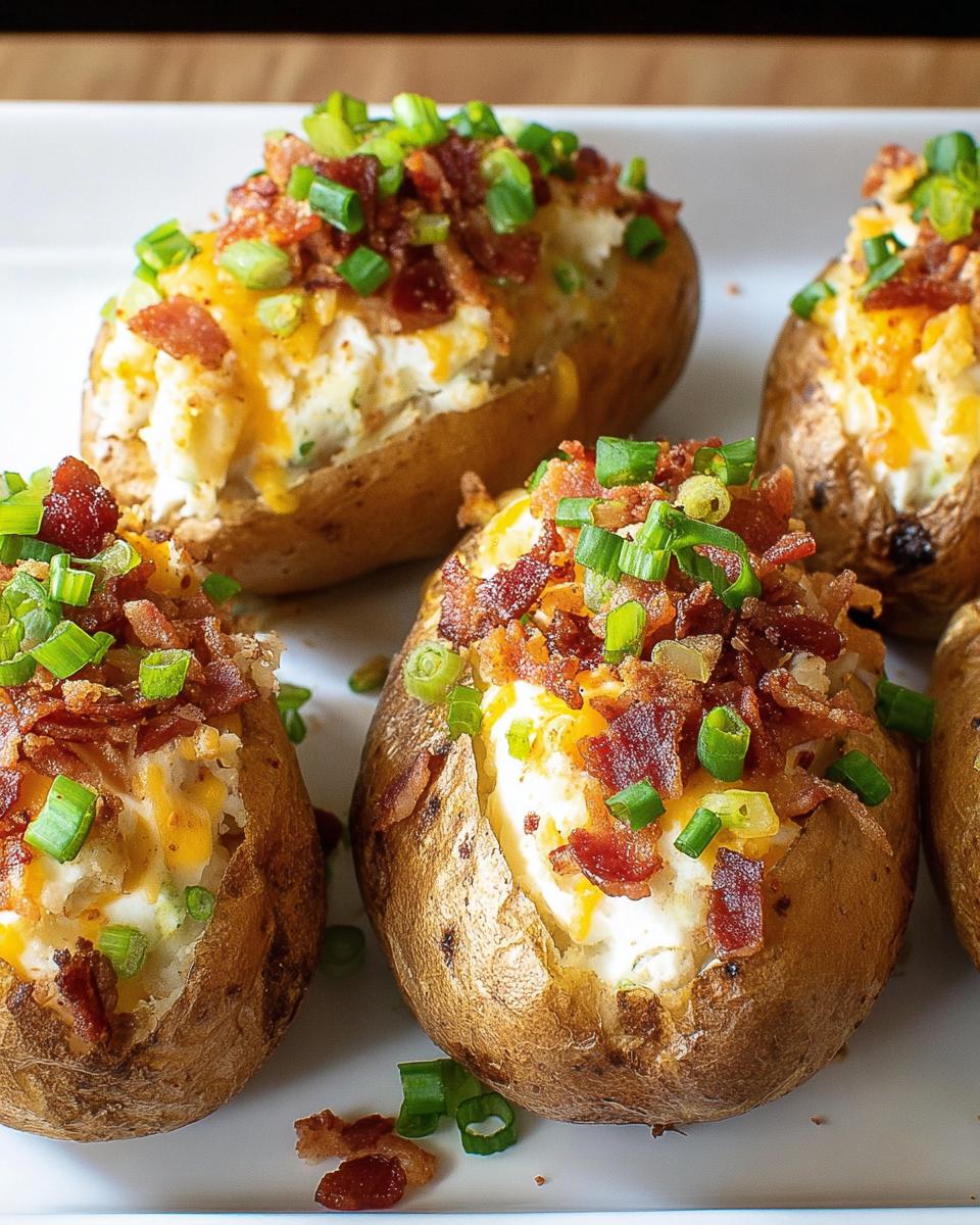 Four perfectly baked potatoes split open and filled with creamy filling, topped with melted cheese, bacon bits, and green onions.