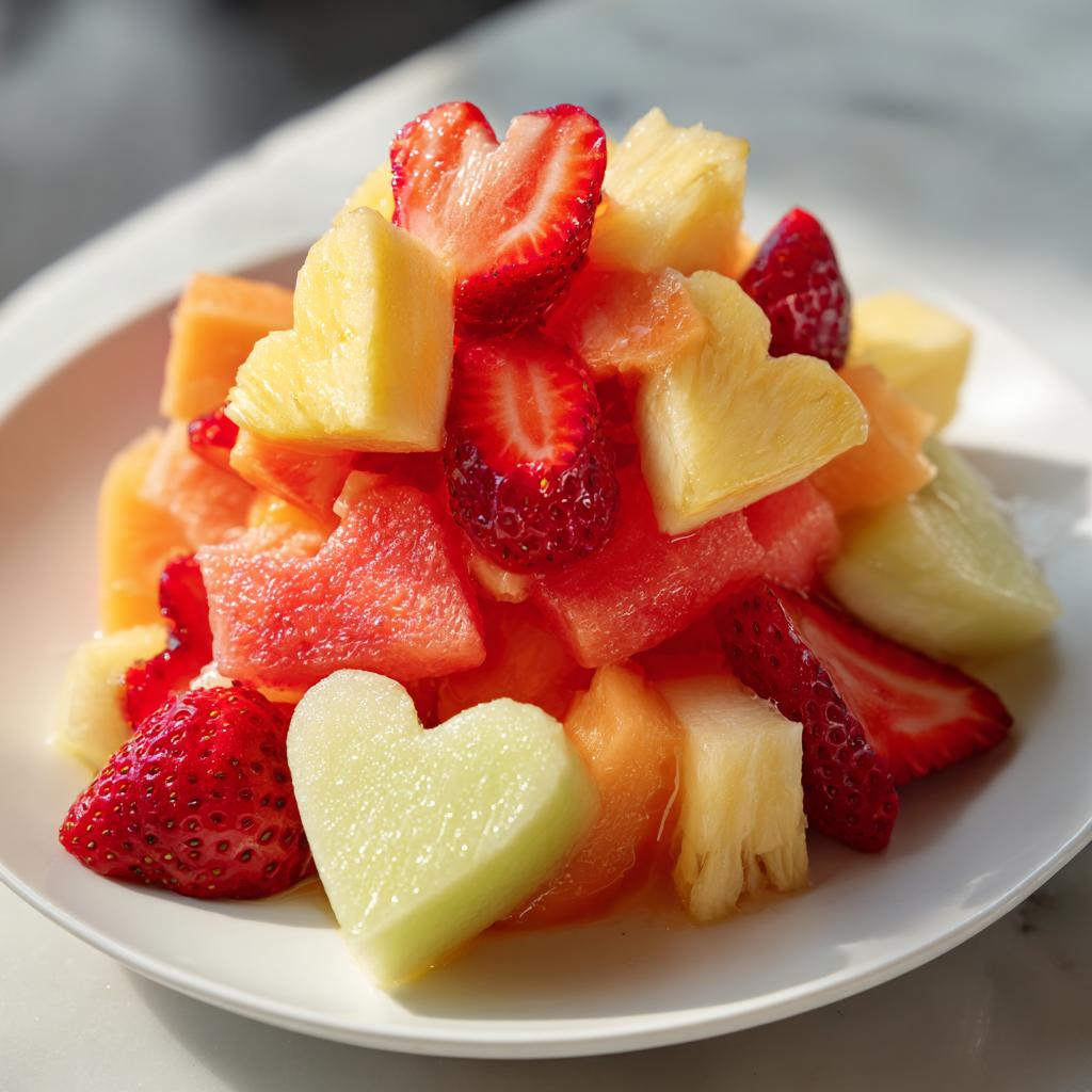 A close-up of a vibrant Love-Themed Fruit Salad featuring heart-shaped cuts of melon, pineapple, and strawberries.