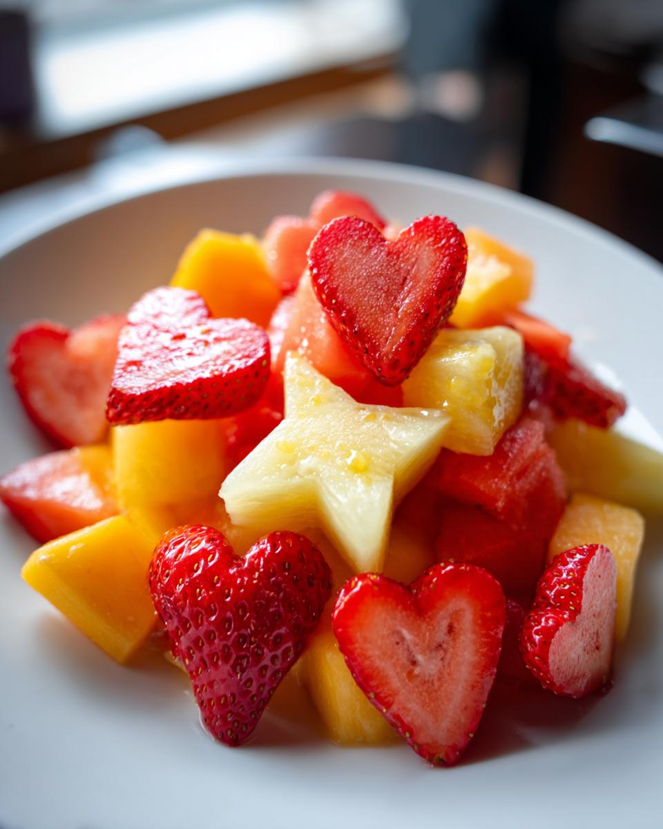 Close-up of a vibrant Love-Themed Fruit Salad featuring heart-shaped strawberries and a star-shaped pineapple piece.