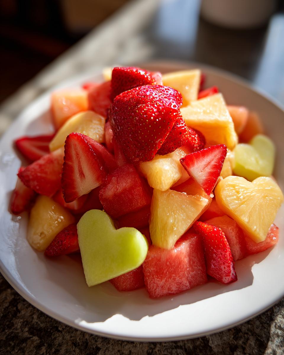 Close-up of a Love-Themed Fruit Salad featuring strawberries, pineapple, watermelon, and heart-shaped melon pieces.