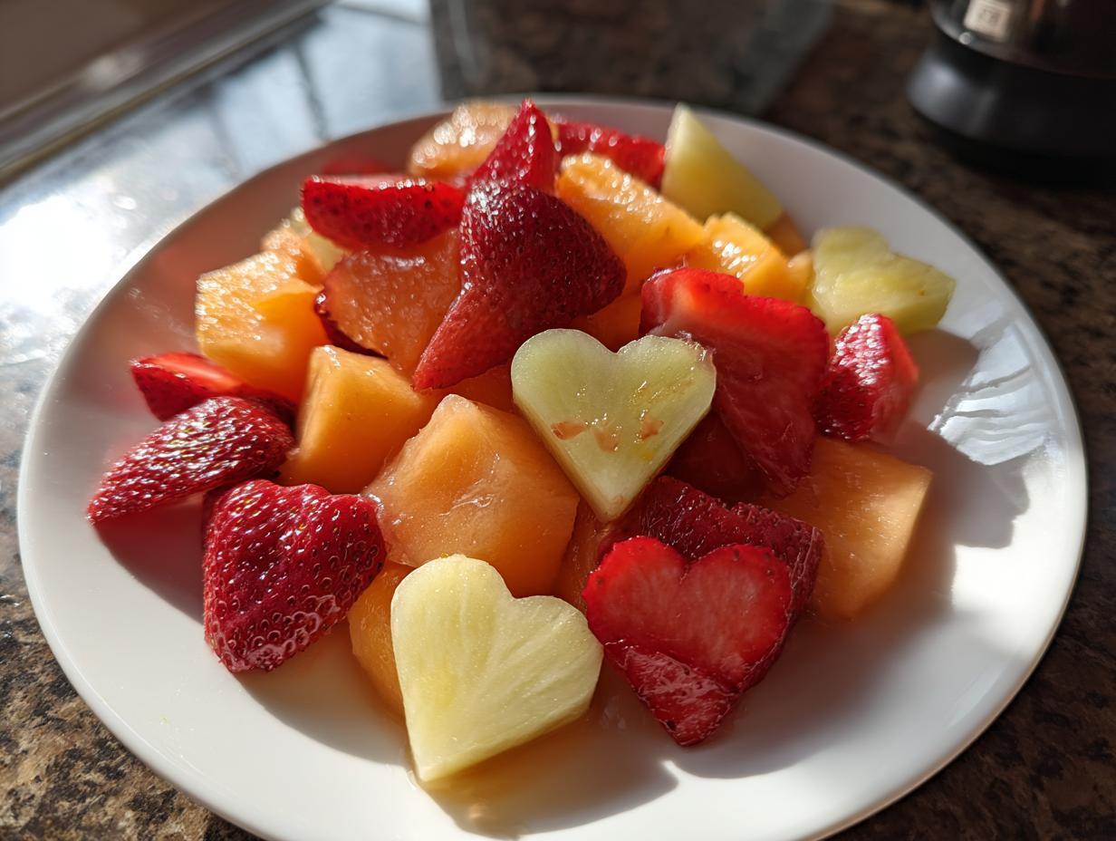 Close-up of a Love-Themed Fruit Salad featuring strawberries, cantaloupe, and heart-shaped pineapple pieces on a white plate.