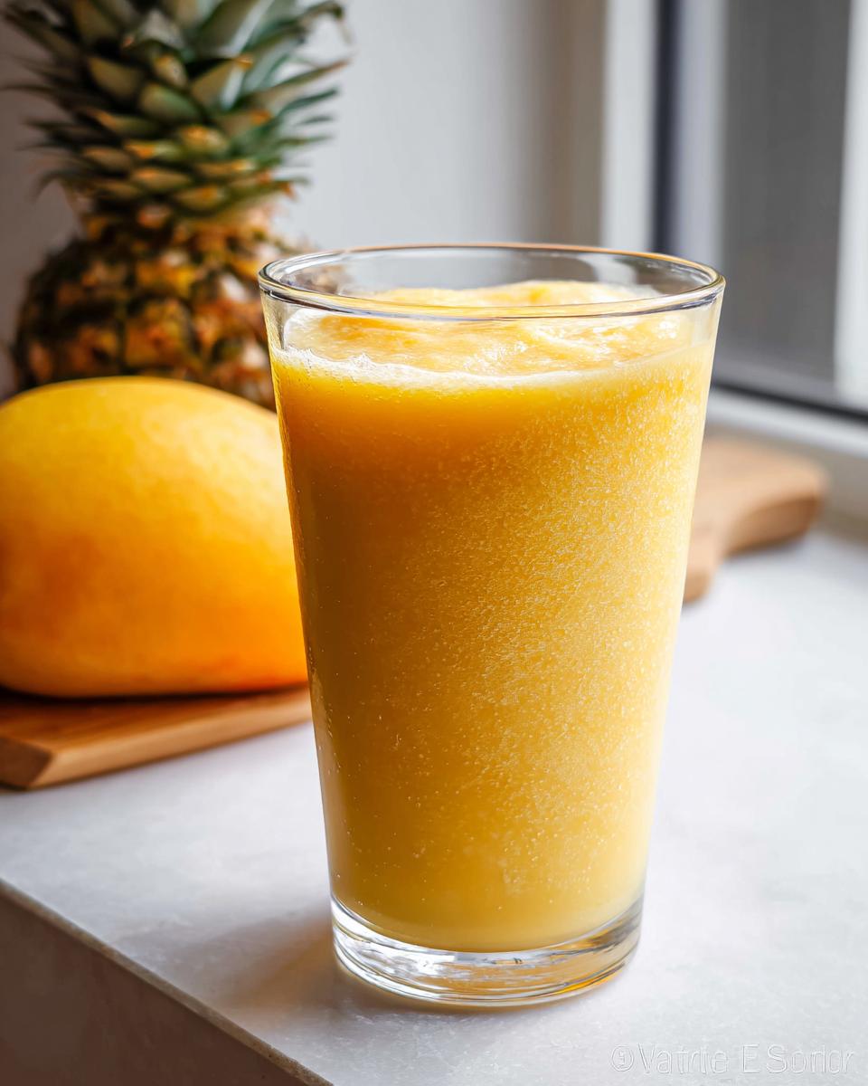 A tall glass filled with a vibrant, thick Mango Pineapple Smoothie, with fresh mango and pineapple in the background.