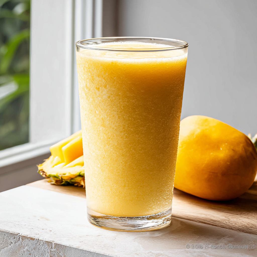 A tall glass filled with a thick, frosty Mango Pineapple Smoothie, with fresh mango and pineapple slices nearby.