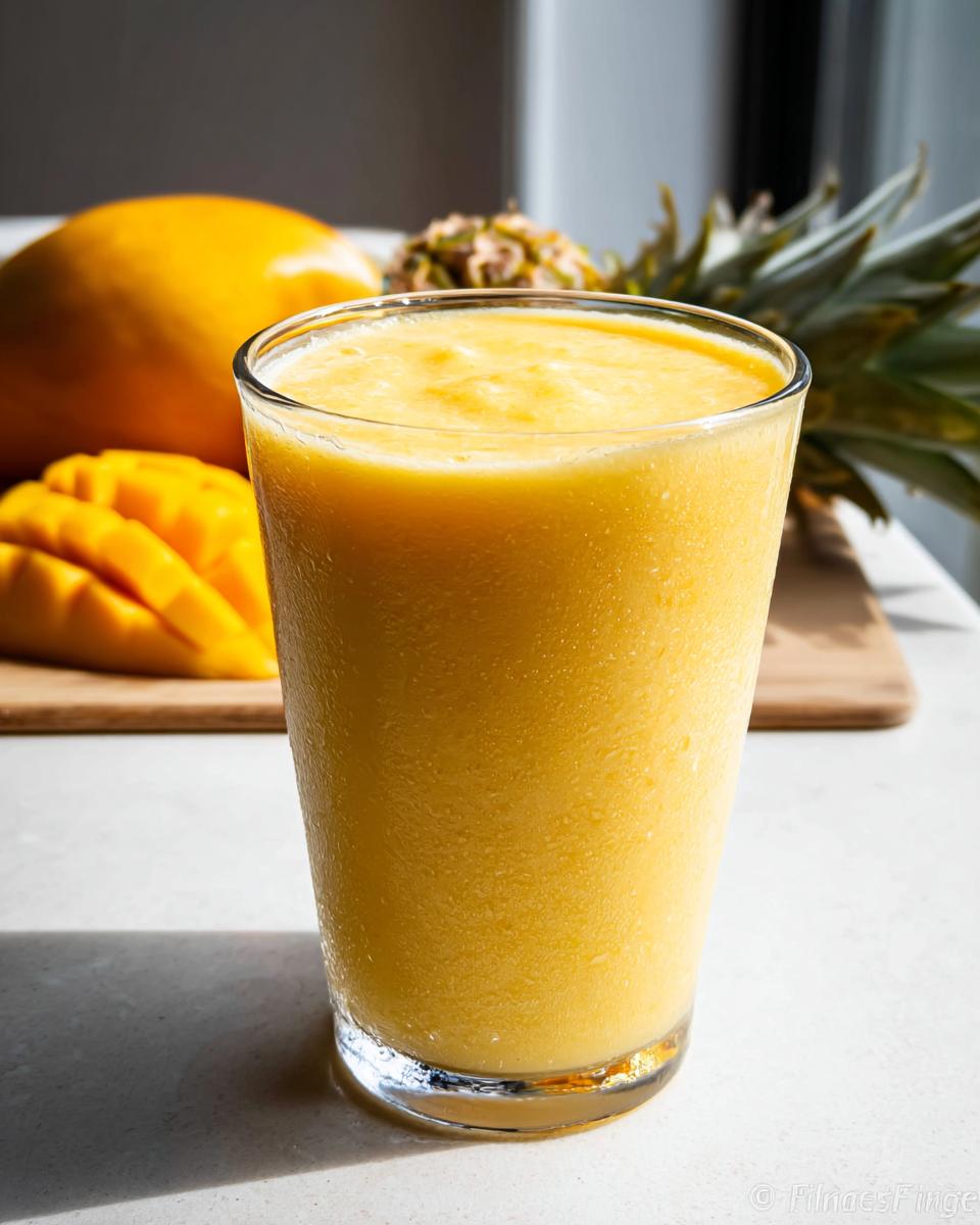 A tall glass filled with a thick, bright yellow Mango Pineapple Smoothie, condensation visible on the glass.