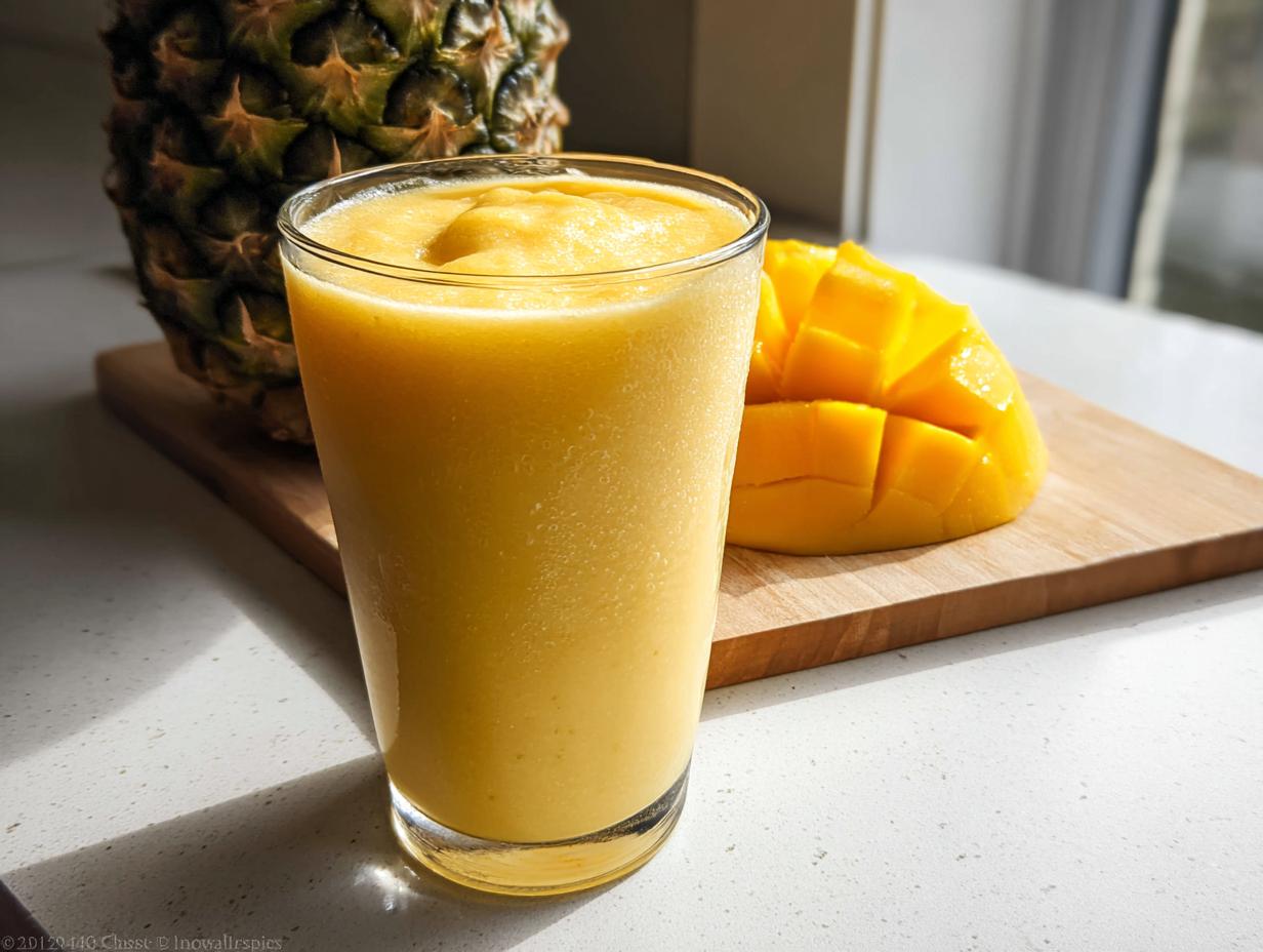 A tall glass filled with a thick, yellow Mango Pineapple Smoothie, next to a scored mango half and a whole pineapple.